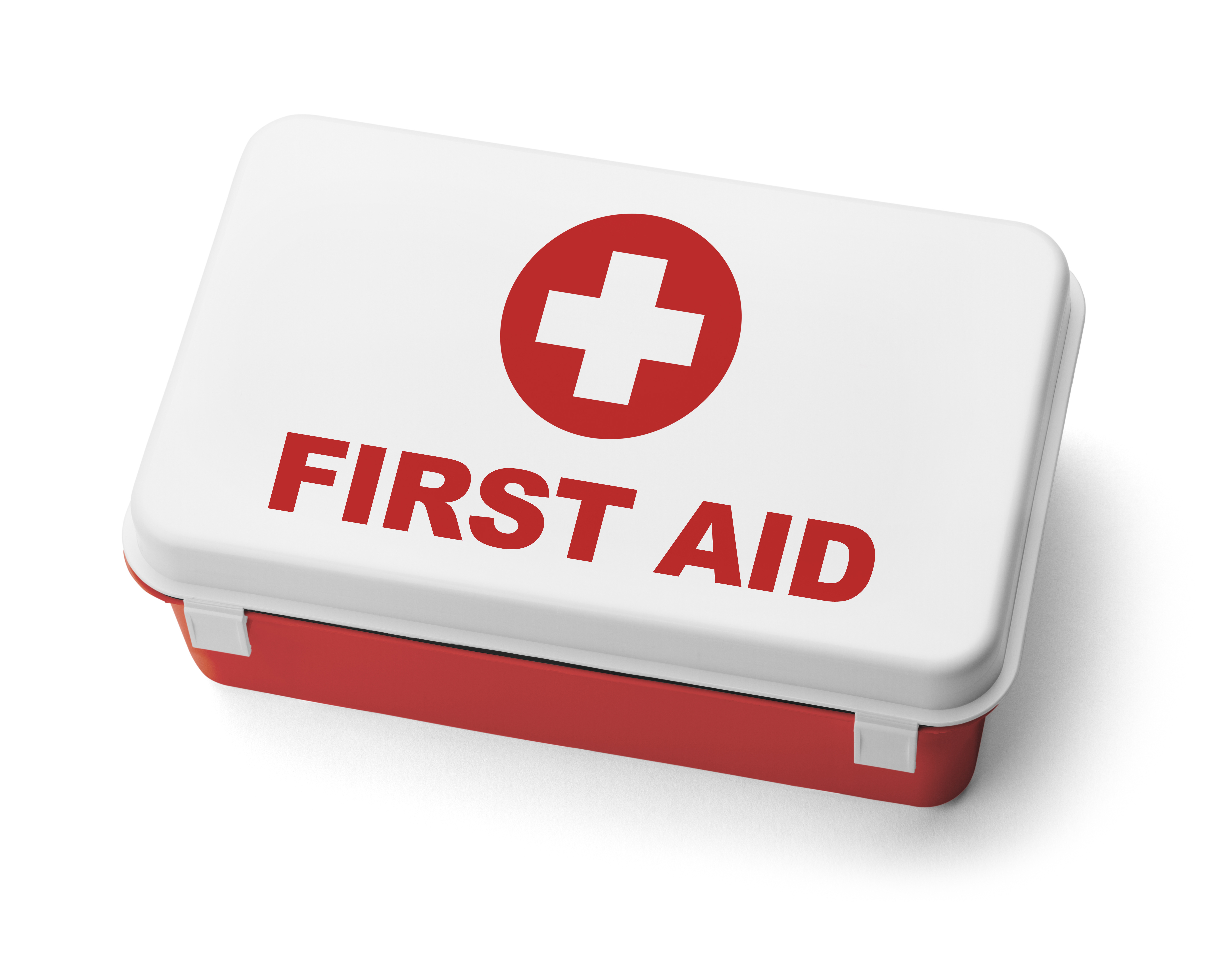 Red Plastic First Aid Kit Box Isolated on White Background.